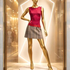 Italian Designer Red Lace Plaid Mini Dress by Gil Santucci